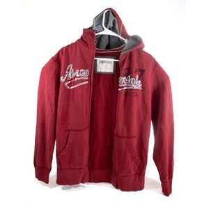 Aeropostale 87 Full Zip Hoodie Red Gray Lined Hood Sweatshirt Small Distred